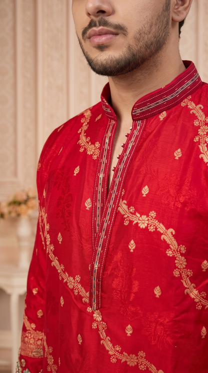 Red Jacquard Silk Short Kurta Set with Multicolour Embroidery & Bead Work