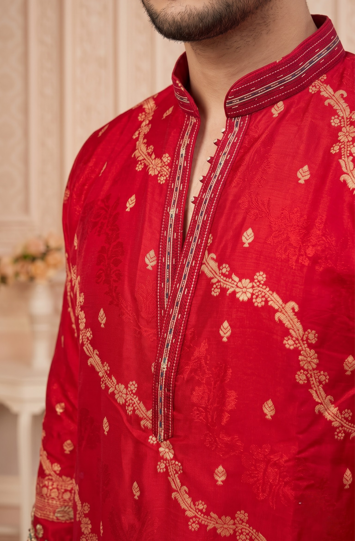 Red Jacquard Silk Short Kurta Set with Multicolour Embroidery & Bead Work