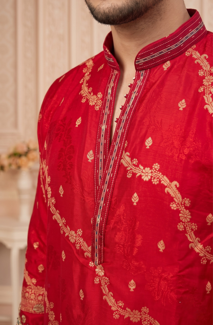Red Jacquard Silk Short Kurta Set with Multicolour Embroidery & Bead Work