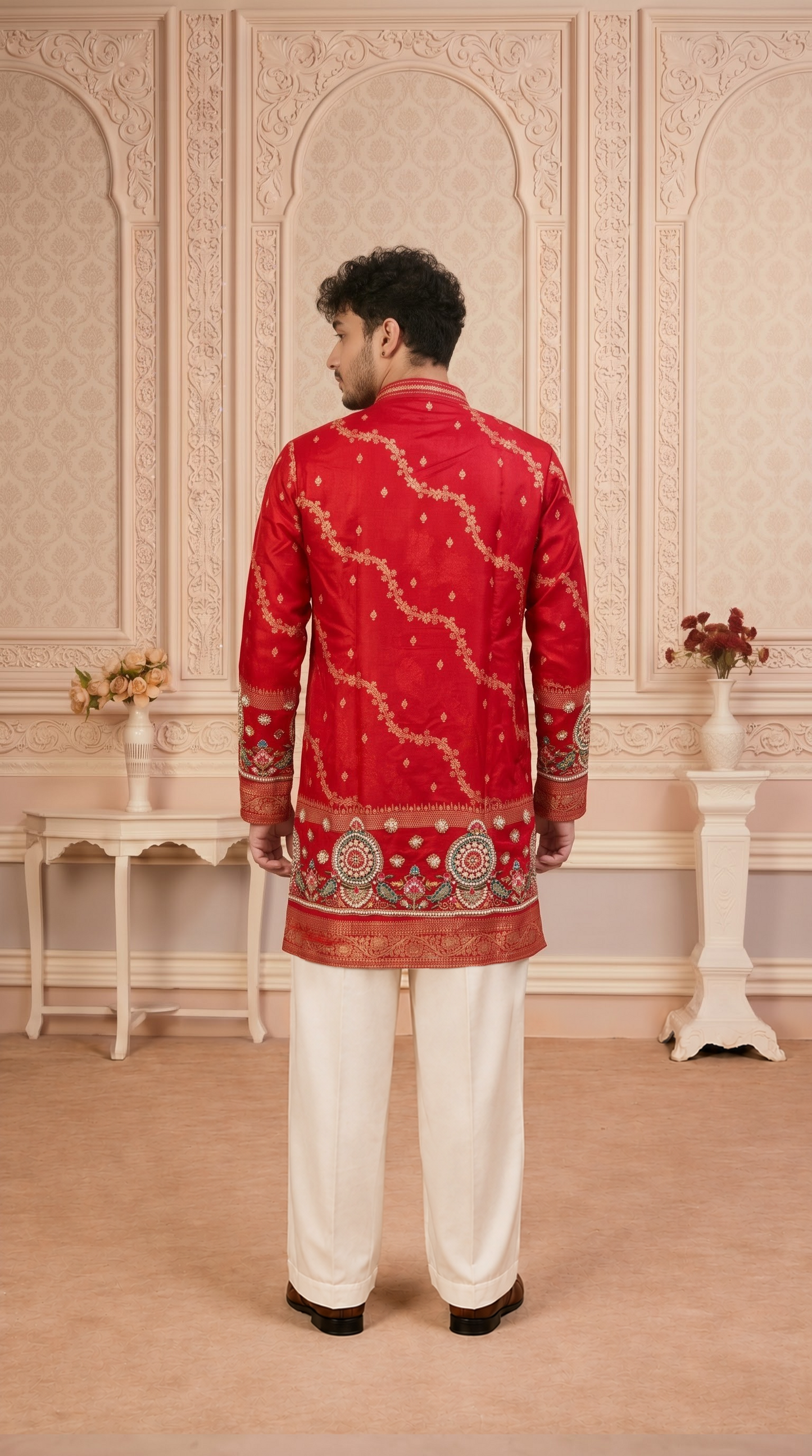 Red Jacquard Silk Short Kurta Set with Multicolour Embroidery & Bead Work