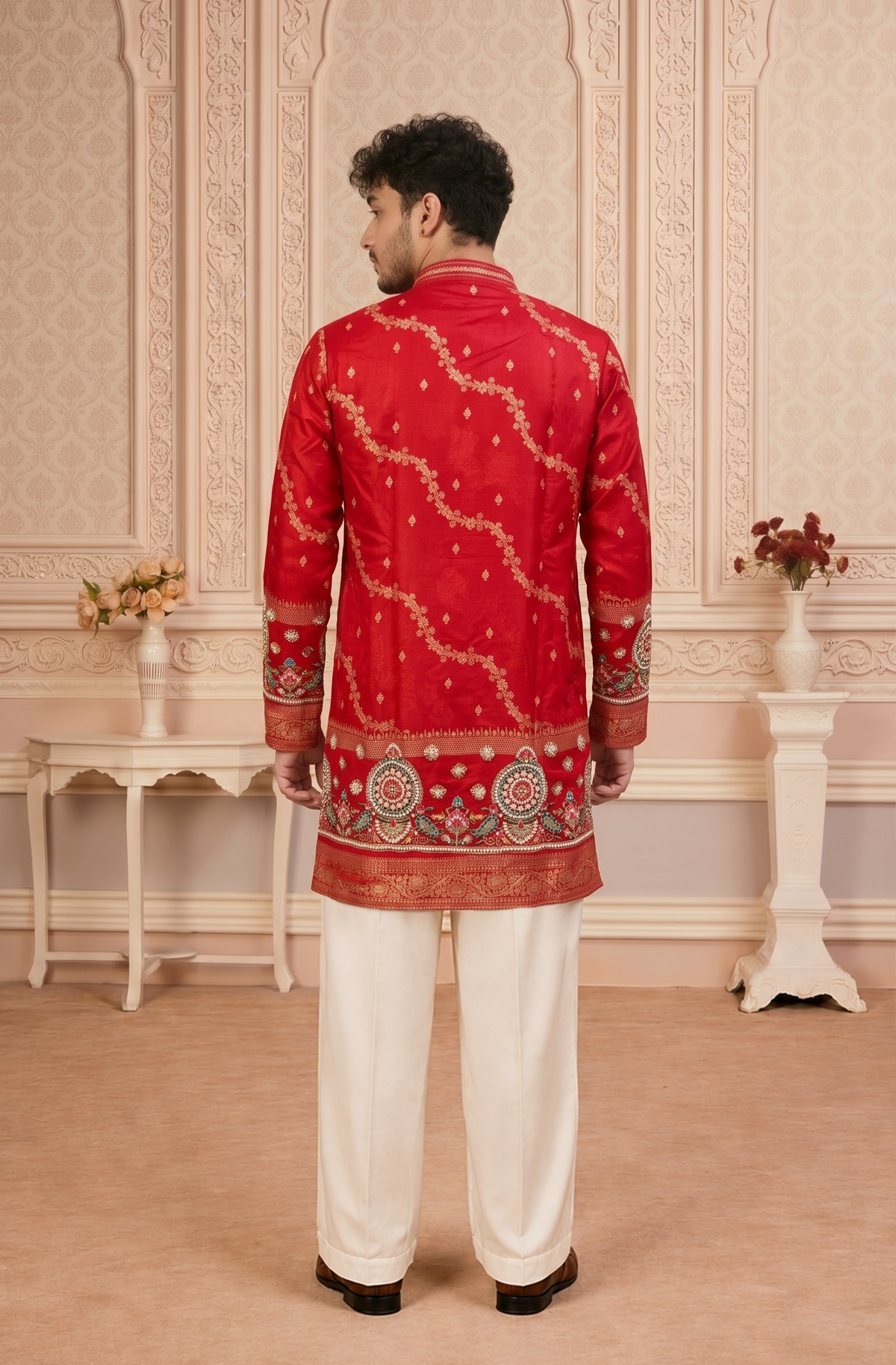 Red Jacquard Silk Short Kurta Set with Multicolour Embroidery & Bead Work