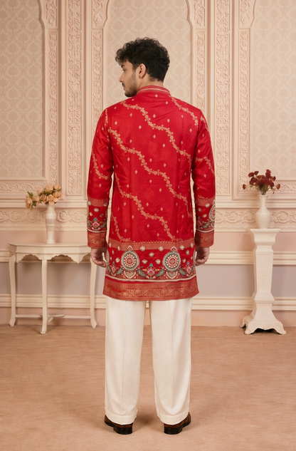 Red Jacquard Silk Short Kurta Set with Multicolour Embroidery & Bead Work