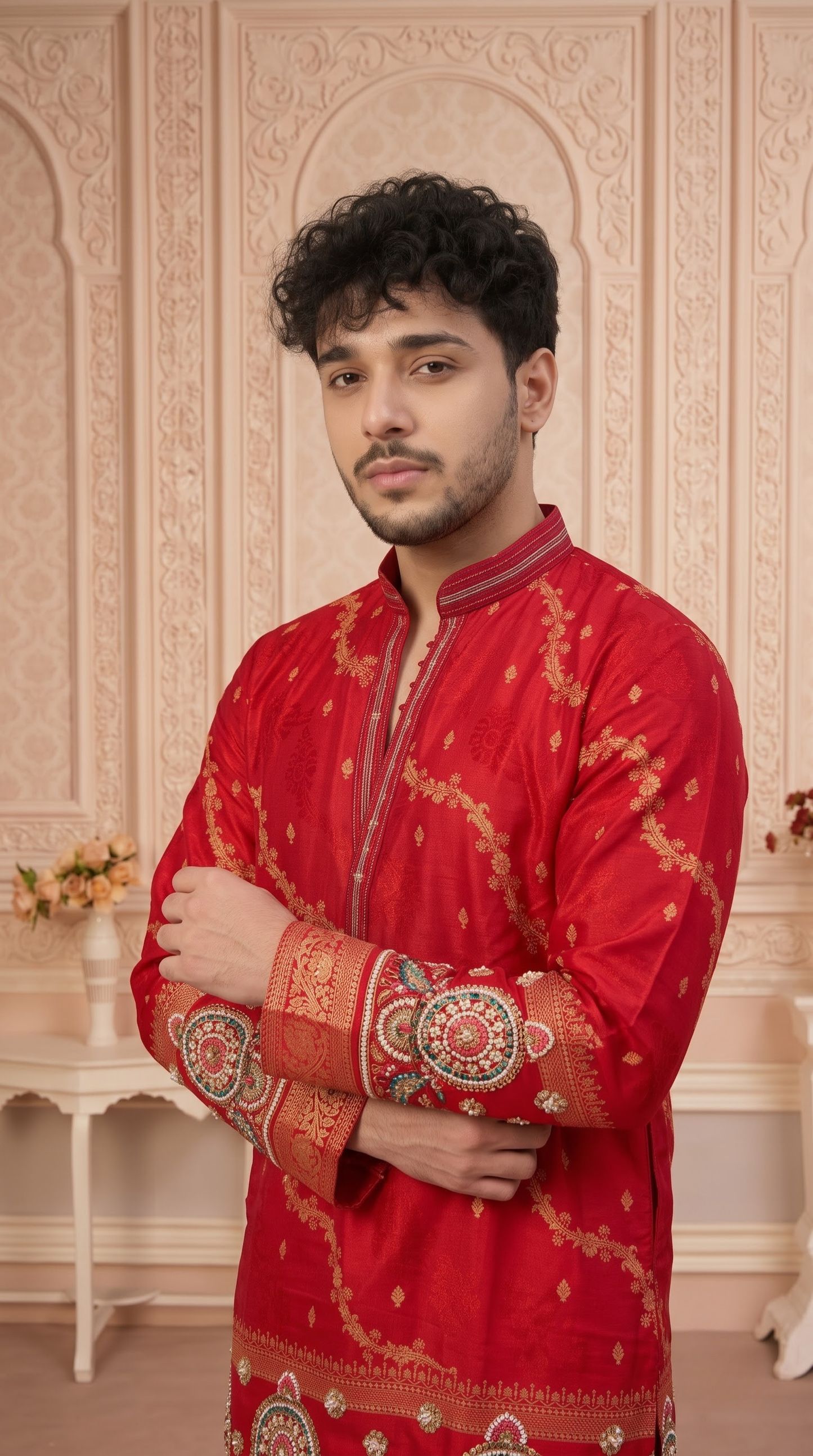 Red Jacquard Silk Short Kurta Set with Multicolour Embroidery & Bead Work