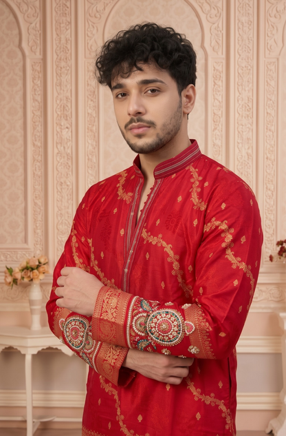 Red Jacquard Silk Short Kurta Set with Multicolour Embroidery & Bead Work