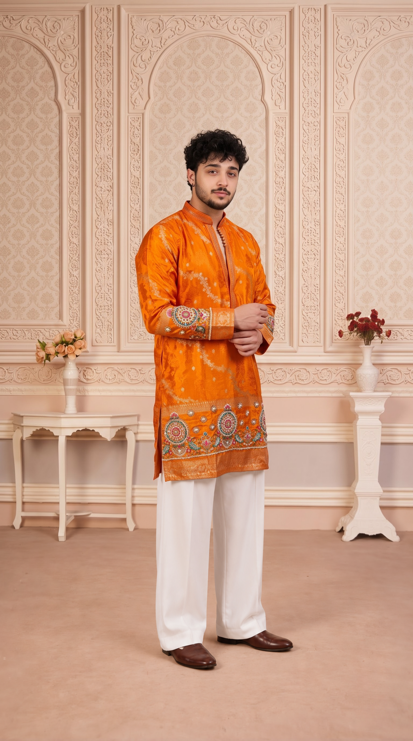 Orange Jacquard Silk Short Kurta Set with Multicolour Embroidery & Bead Work