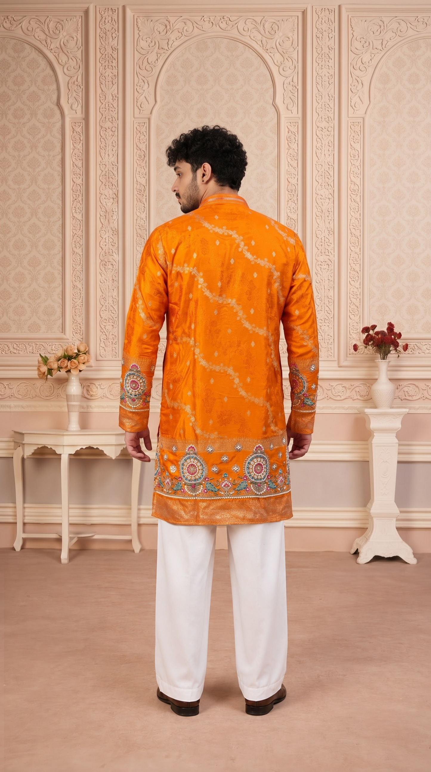 Orange Jacquard Silk Short Kurta Set with Multicolour Embroidery & Bead Work
