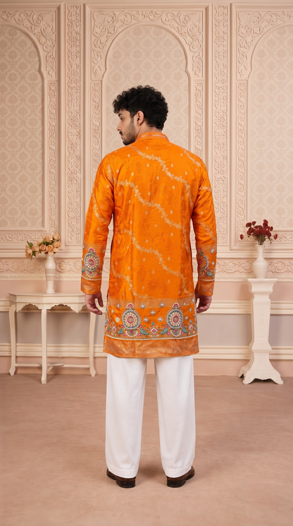Orange Jacquard Silk Short Kurta Set with Multicolour Embroidery & Bead Work