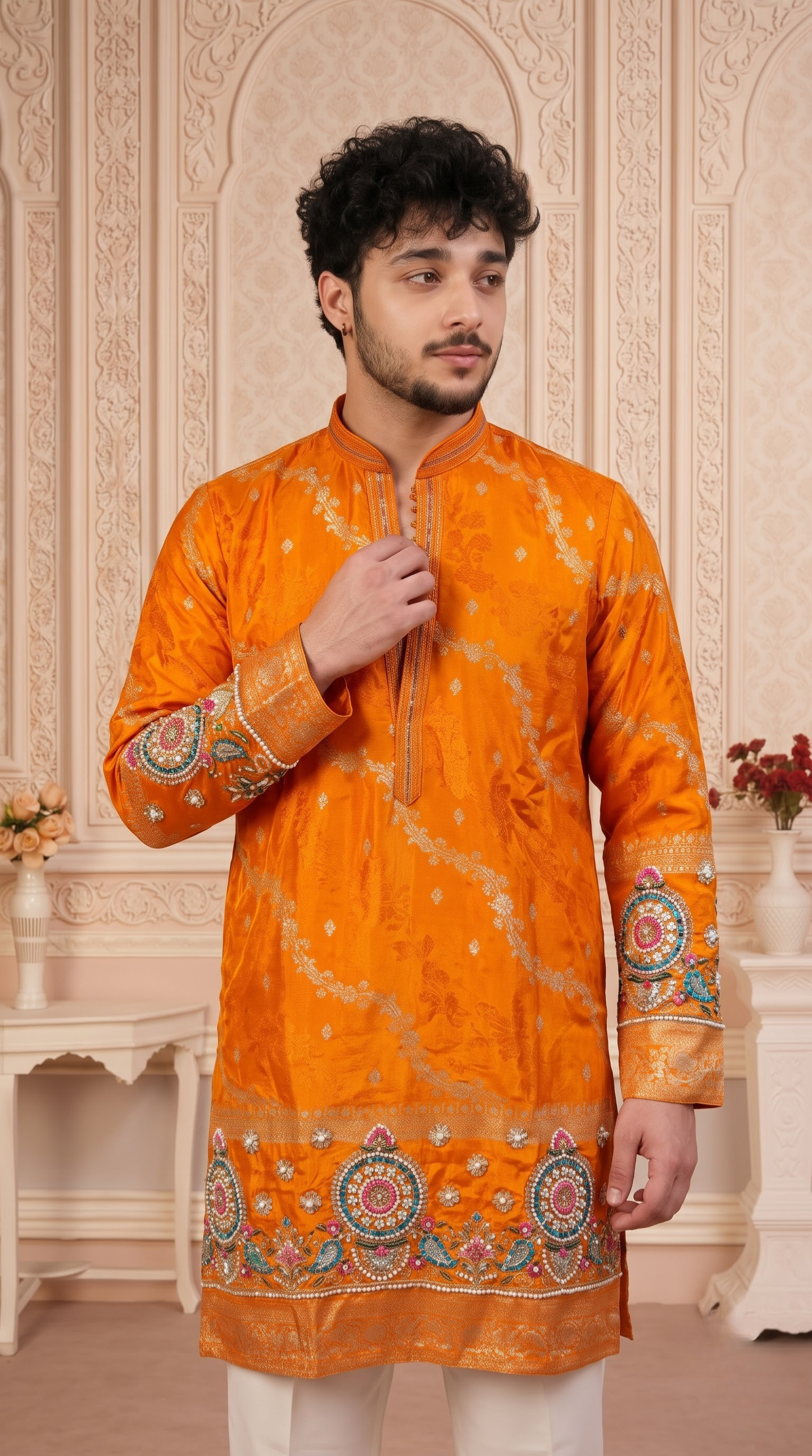 Orange Jacquard Silk Short Kurta Set with Multicolour Embroidery & Bead Work
