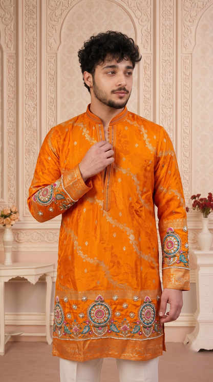 Orange Jacquard Silk Short Kurta Set with Multicolour Embroidery & Bead Work