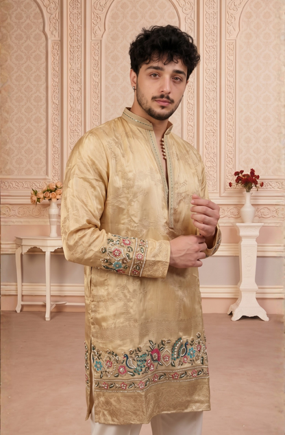 Fawn Jacquard Silk Short Kurta Set with Multicolour Embroidery & Bead Work