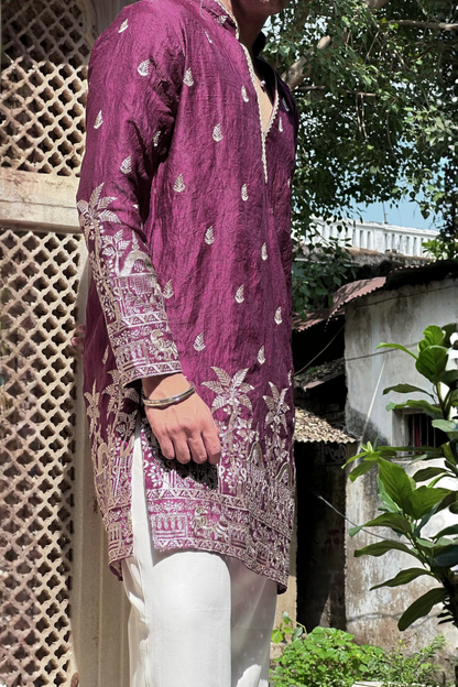 Wine Satin Fancy Short Kurta Set with Zari Embroidery