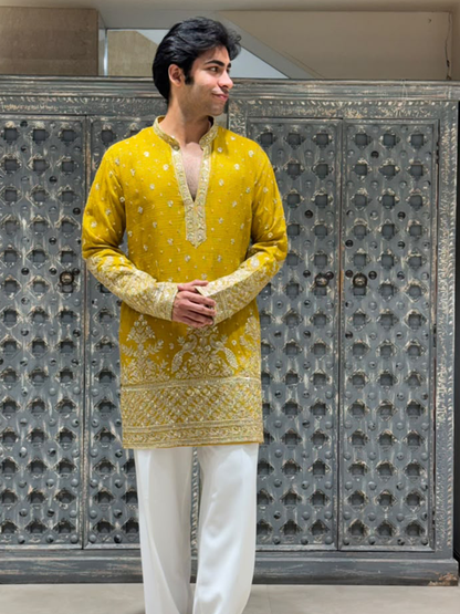 Mustard Crush Tissue Short Kurta Set with Embroidery and Sequins
