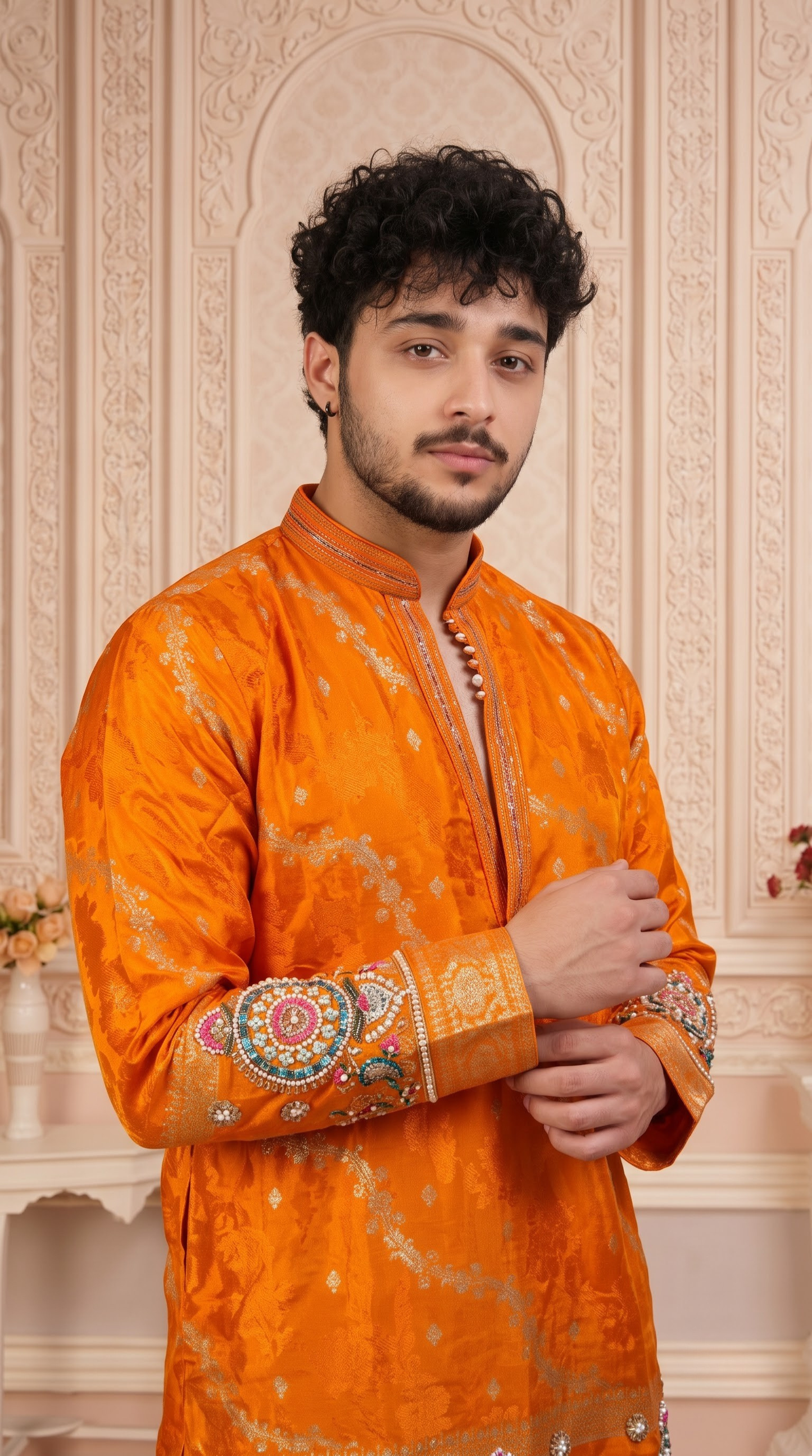 Orange Jacquard Silk Short Kurta Set with Multicolour Embroidery & Bead Work
