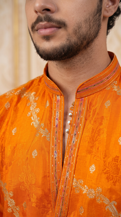 Orange Jacquard Silk Short Kurta Set with Multicolour Embroidery & Bead Work
