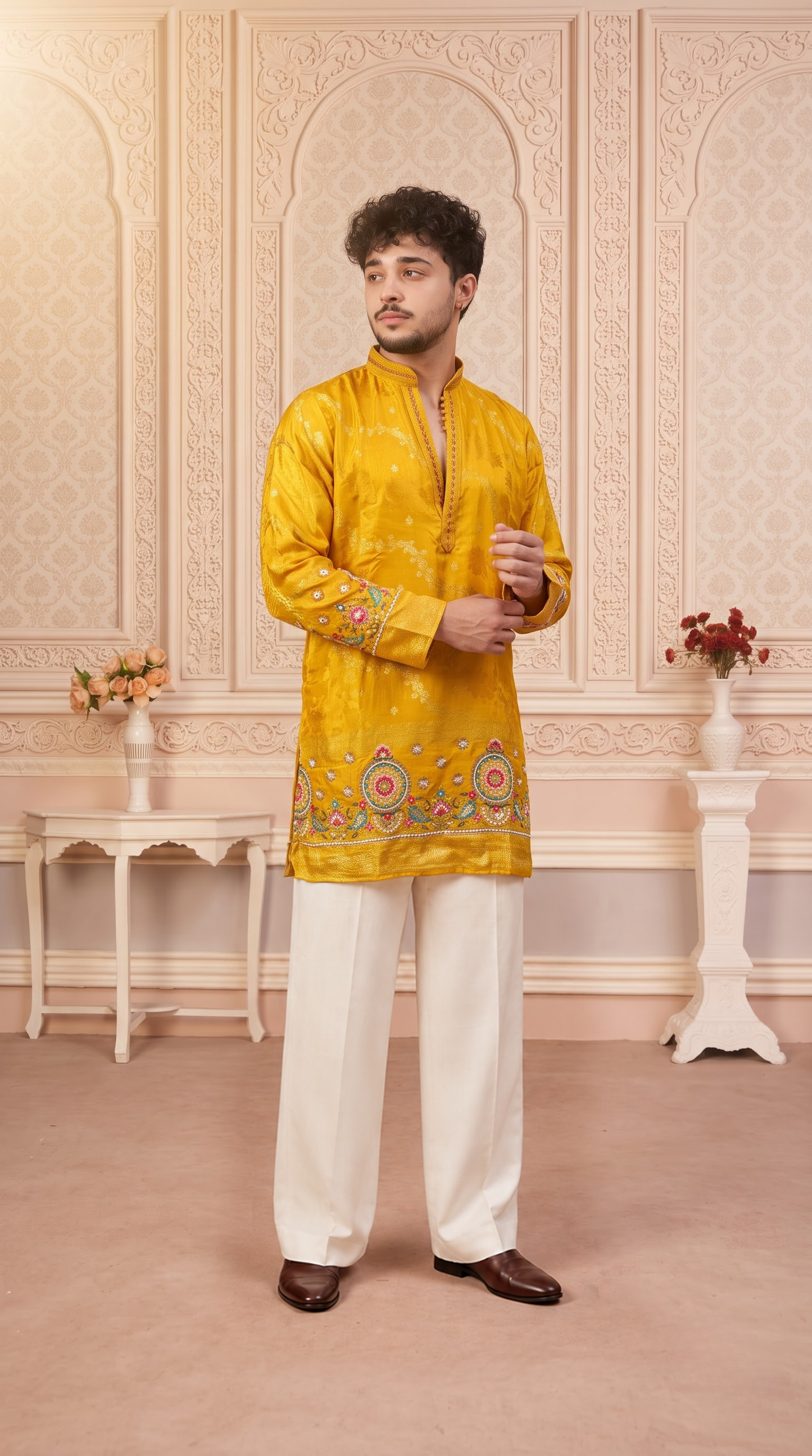 Yellow Jacquard Silk Short Kurta Set with Multicolour Embroidery & Bead Work