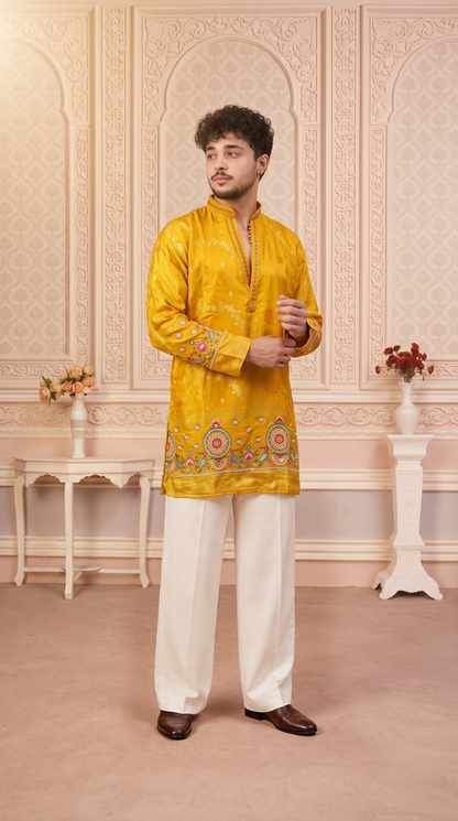 Yellow Jacquard Silk Short Kurta Set with Multicolour Embroidery & Bead Work