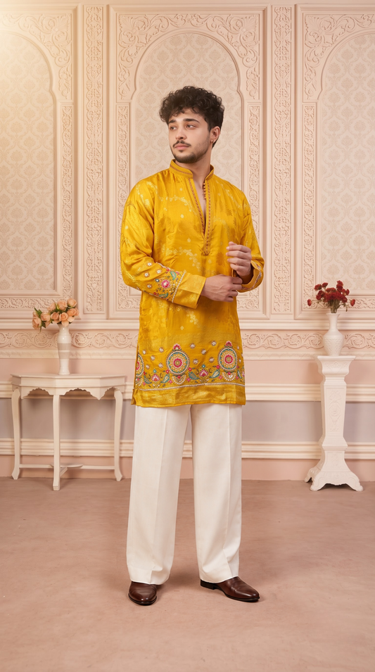 Yellow Jacquard Silk Short Kurta Set with Multicolour Embroidery & Bead Work