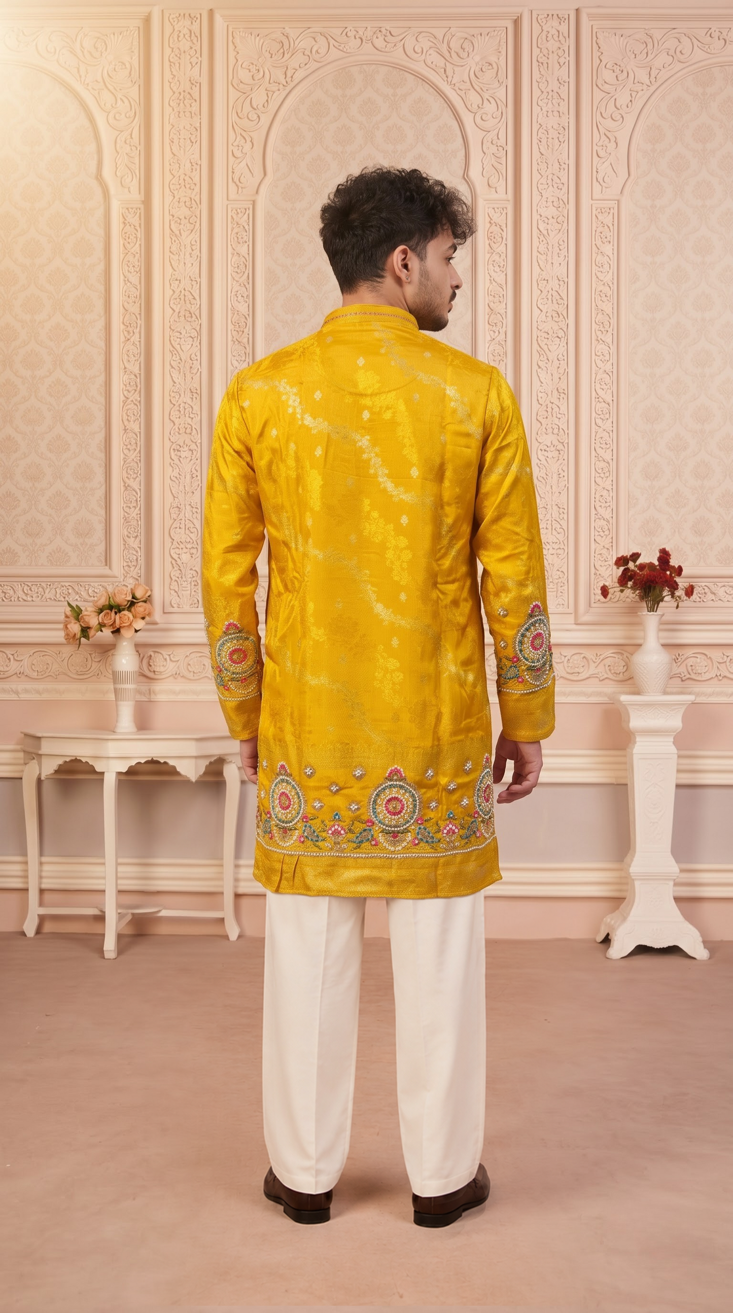 Yellow Jacquard Silk Short Kurta Set with Multicolour Embroidery & Bead Work