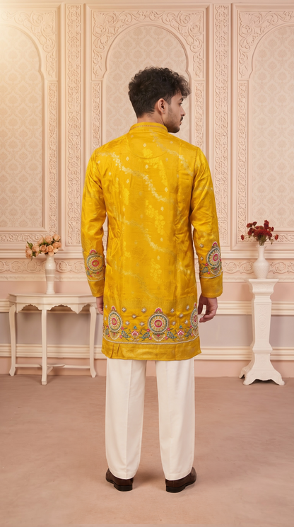 Yellow Jacquard Silk Short Kurta Set with Multicolour Embroidery & Bead Work