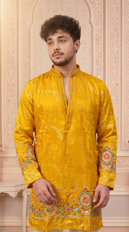 Yellow Jacquard Silk Short Kurta Set with Multicolour Embroidery & Bead Work