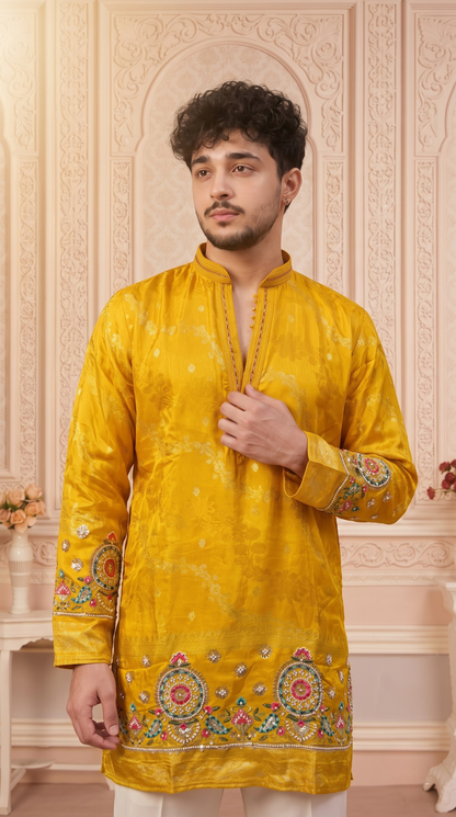 Yellow Jacquard Silk Short Kurta Set with Multicolour Embroidery & Bead Work