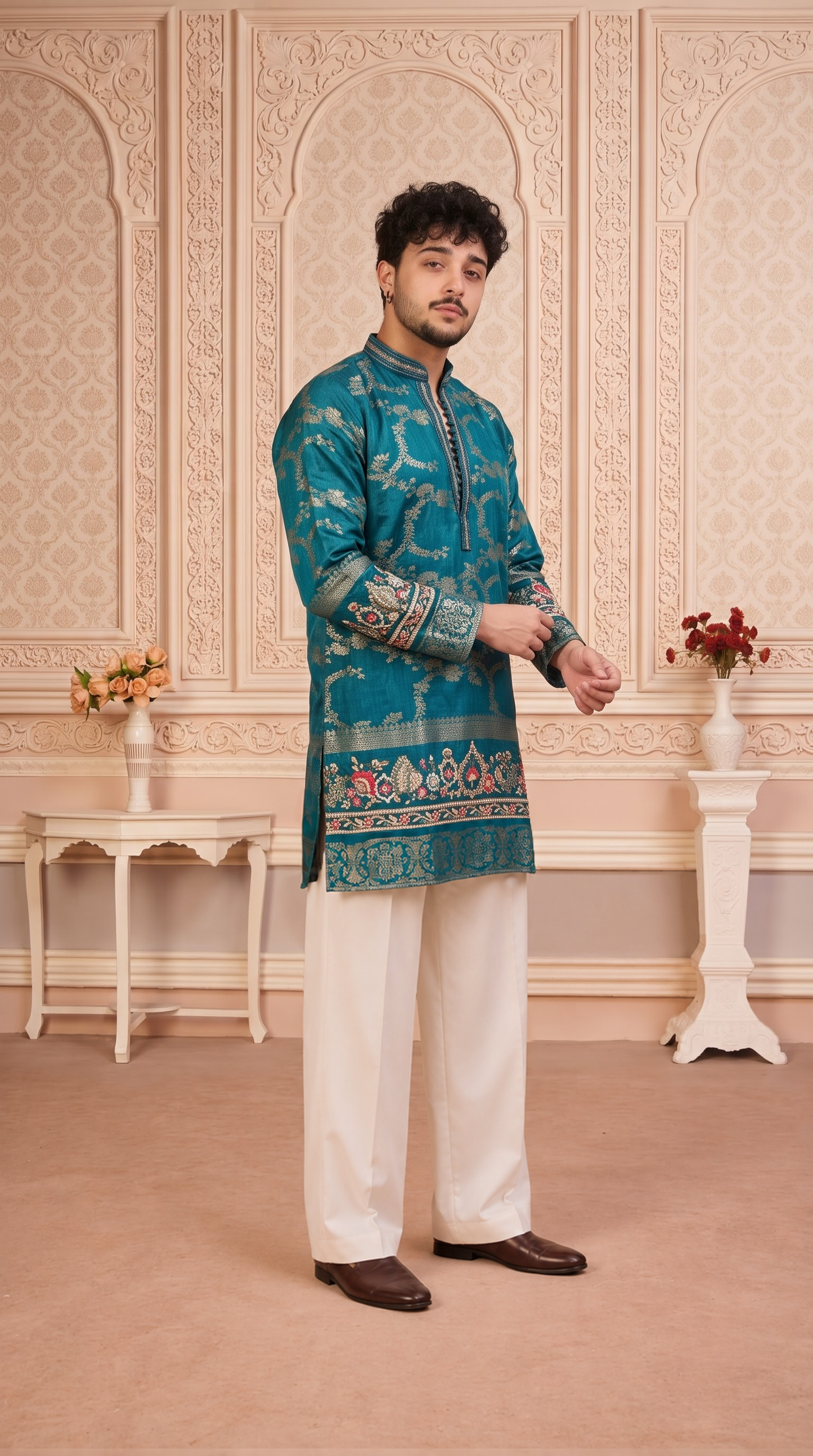 Blue Jacquard Silk Short Kurta Set with Multicolour Embroidery & Bead Work