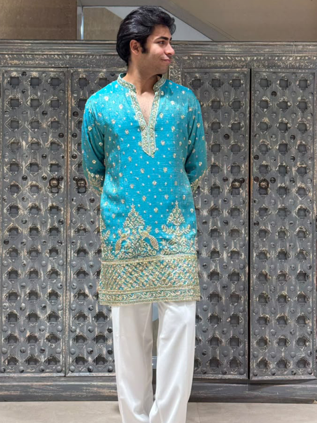 Aqua Crush Tissue Short Kurta Set with Embroidery and Sequins