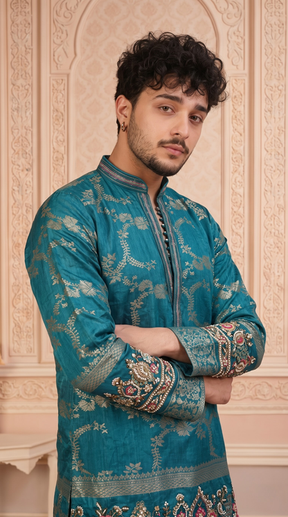 Blue Jacquard Silk Short Kurta Set with Multicolour Embroidery & Bead Work