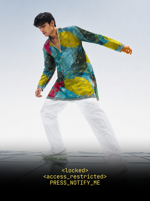 Multicolour Tissue Silk Short Kurta Set with Bead Work and Jacquard Print