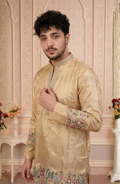 Fawn Jacquard Silk Short Kurta Set with Multicolour Embroidery & Bead Work