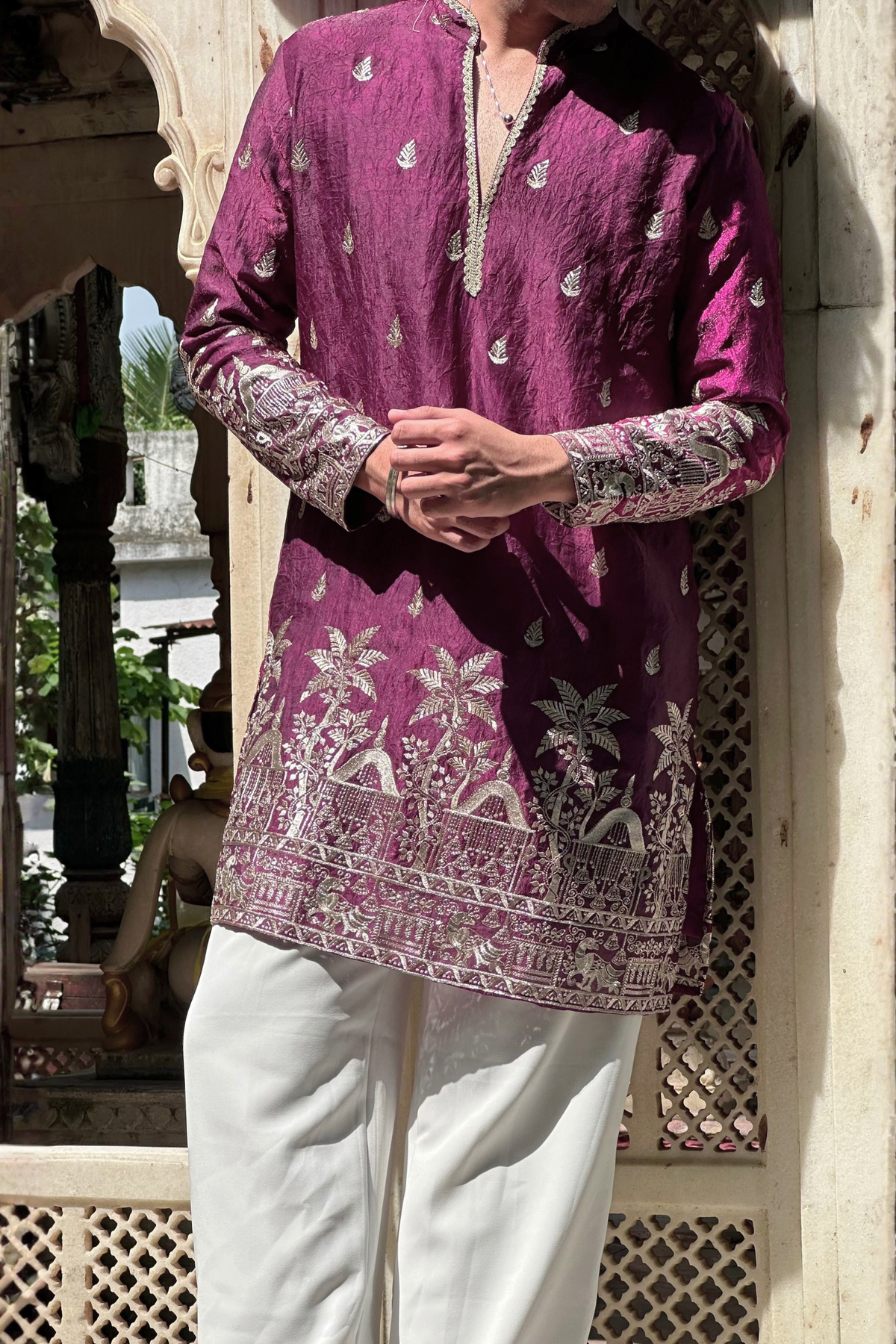 Wine Satin Fancy Short Kurta Set with Zari Embroidery