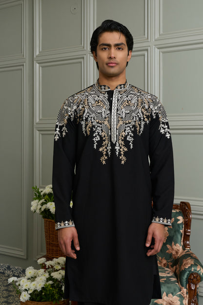 Black Japanese Fabric Kurta–Bottom Set with Thread Work