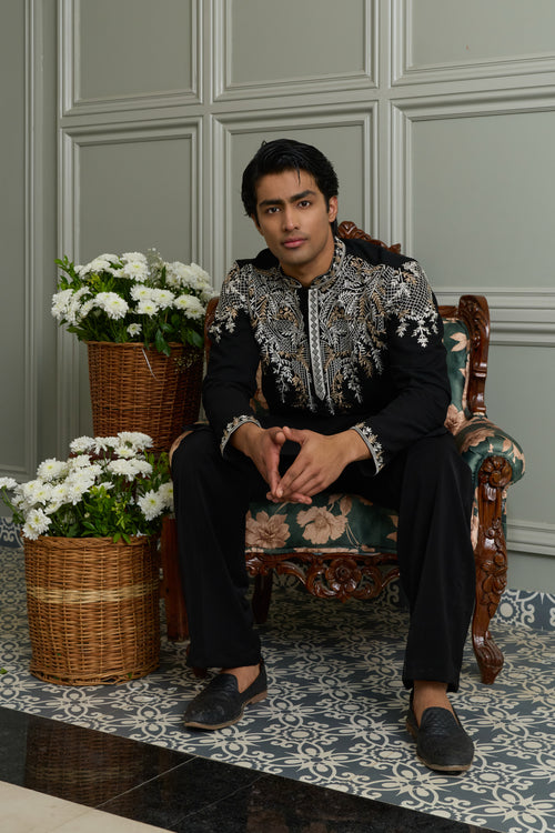Black Japanese Fabric Kurta–Bottom Set with Thread Work