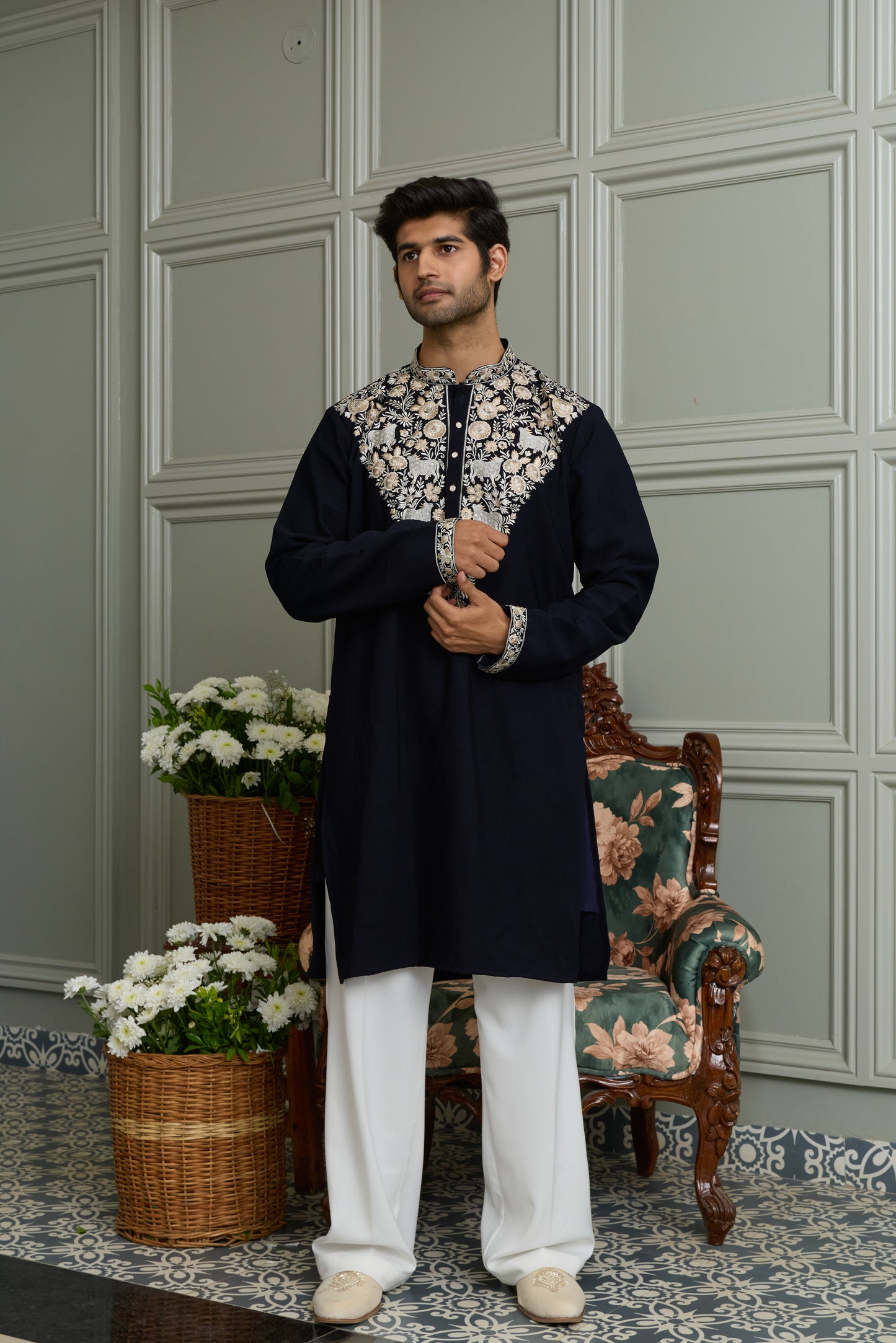 Midnight Blue Japanese Fabric Kurta–Bottom Set with Threadwork Embroidery