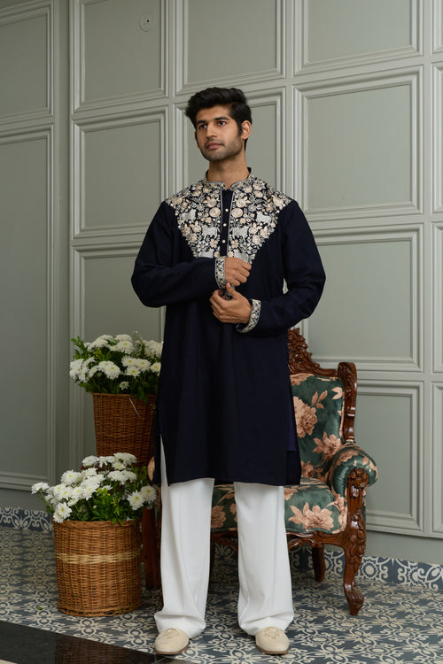 Midnight Blue Japanese Fabric Kurta–Bottom Set with Threadwork Embroidery
