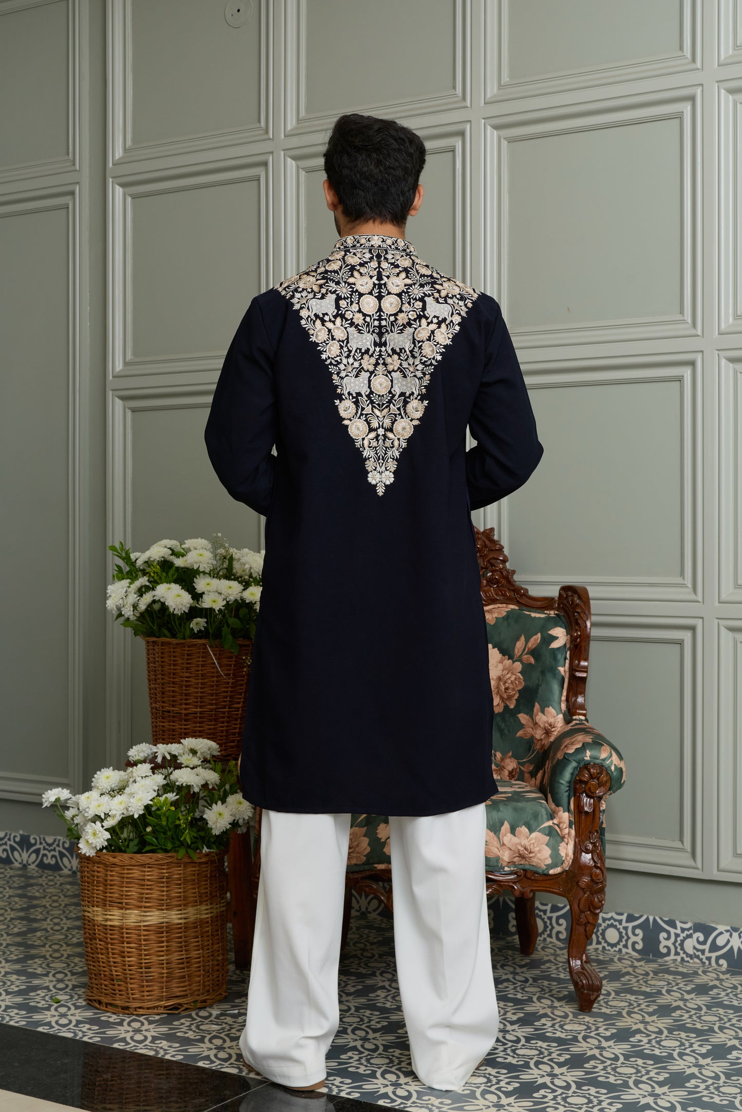 Midnight Blue Japanese Fabric Kurta–Bottom Set with Threadwork Embroidery