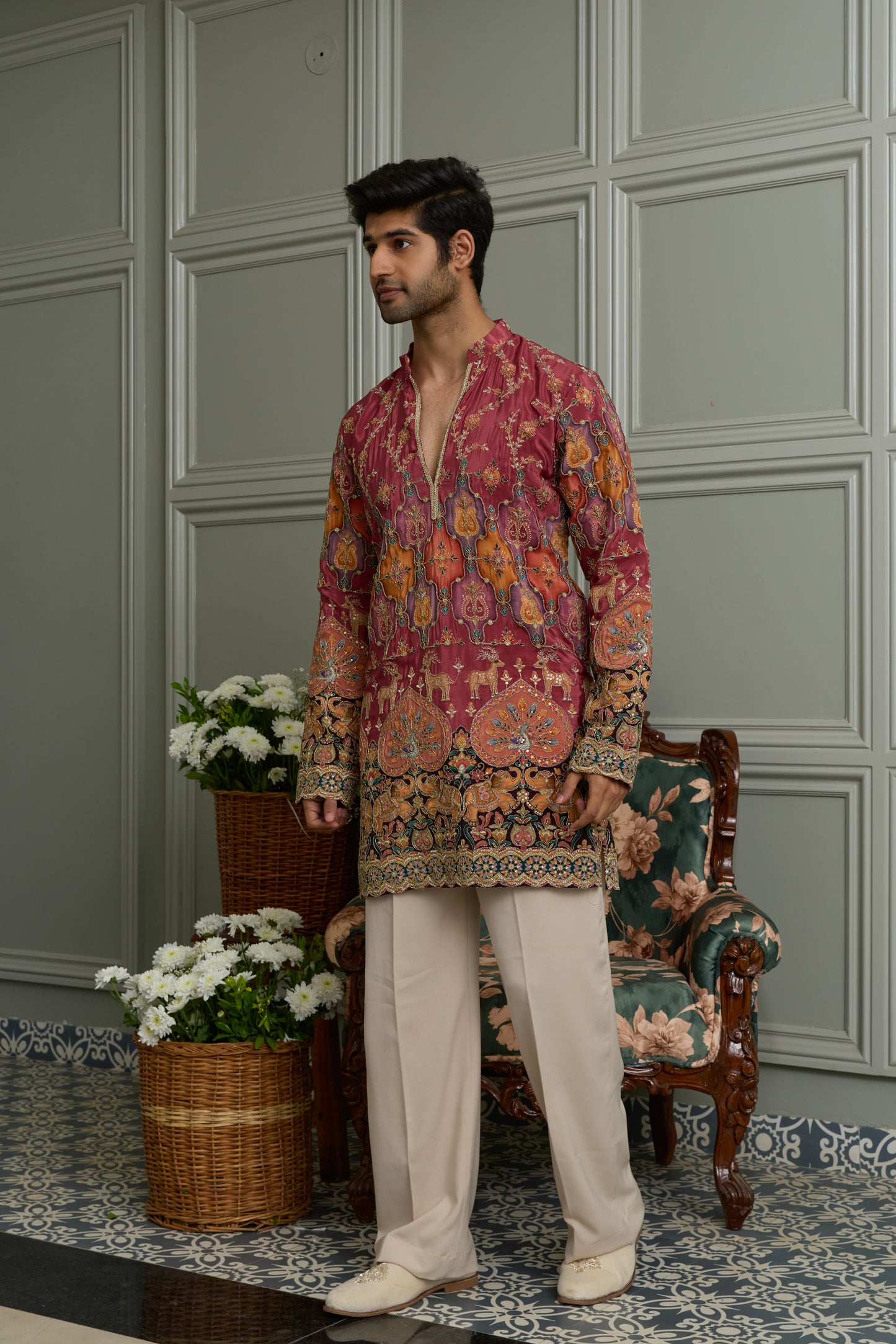 Pale Rose Natural Crepe Kurta-Bottom Set with Position Print & Cording