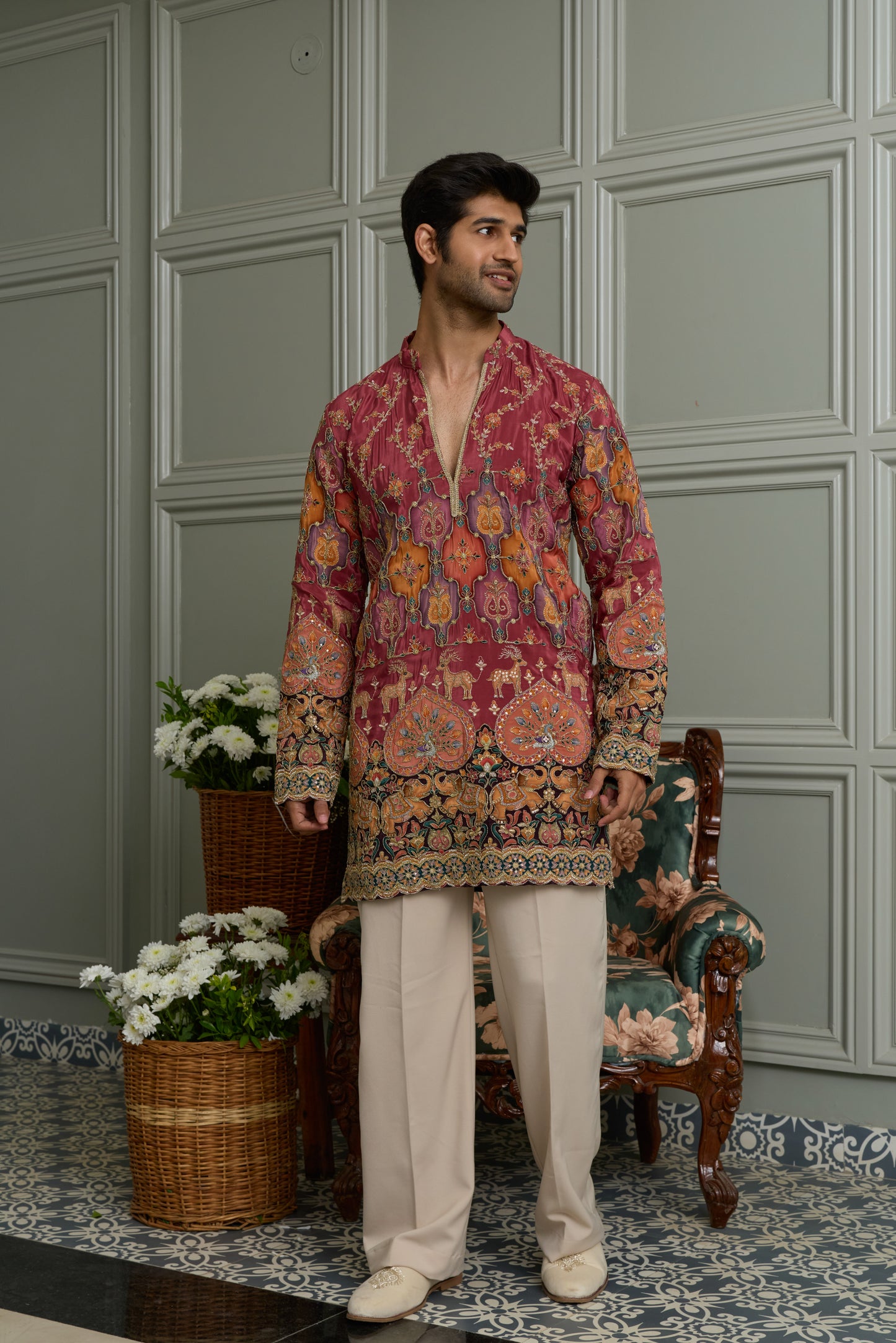 Pale Rose Natural Crepe Kurta-Bottom Set with Position Print & Cording