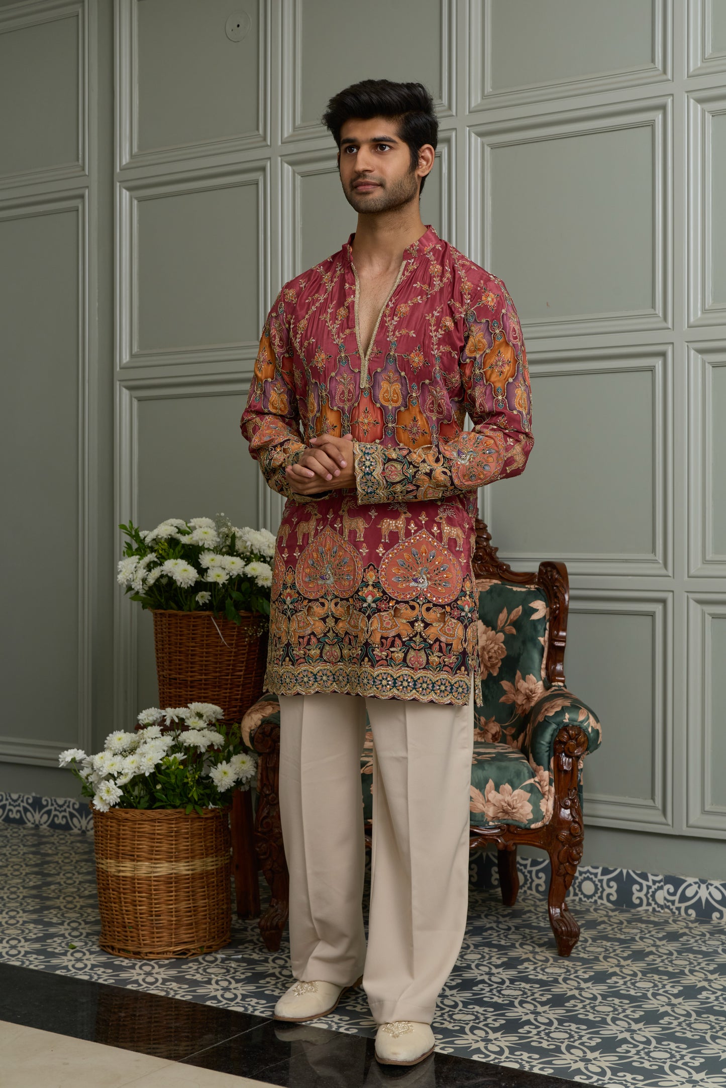 Pale Rose Natural Crepe Kurta-Bottom Set with Position Print & Cording
