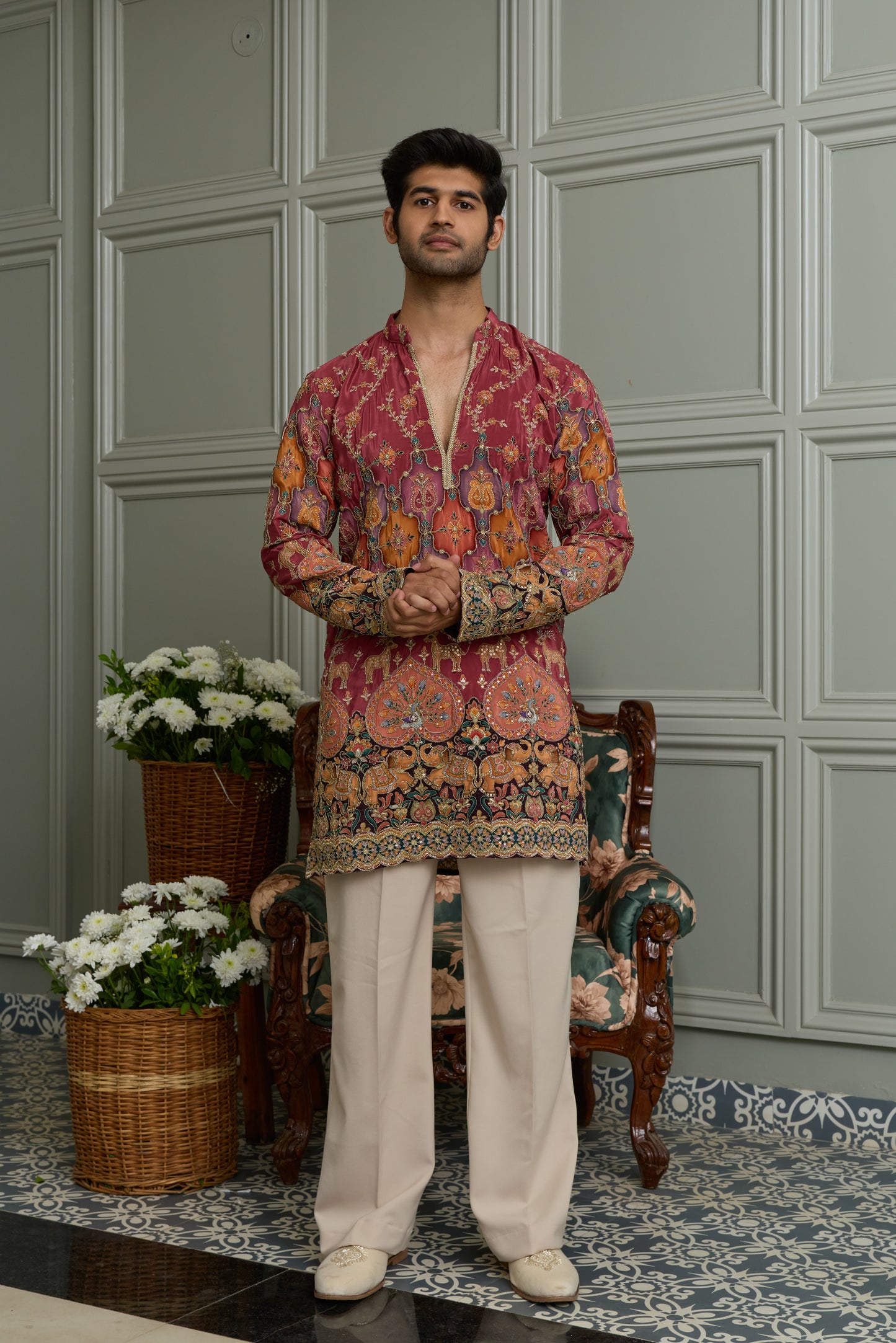 Pale Rose Natural Crepe Kurta-Bottom Set with Position Print & Cording