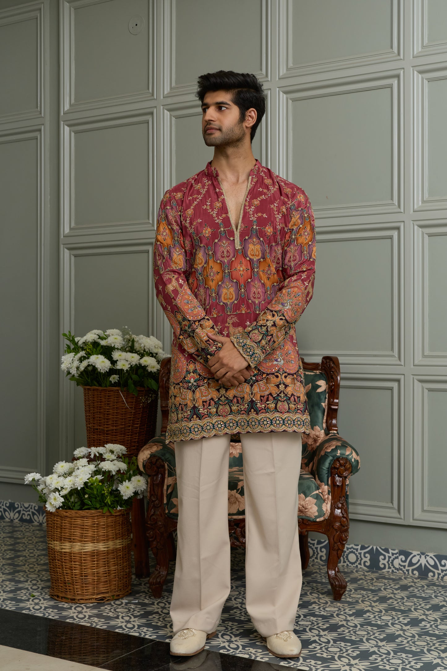 Pale Rose Natural Crepe Kurta-Bottom Set with Position Print & Cording
