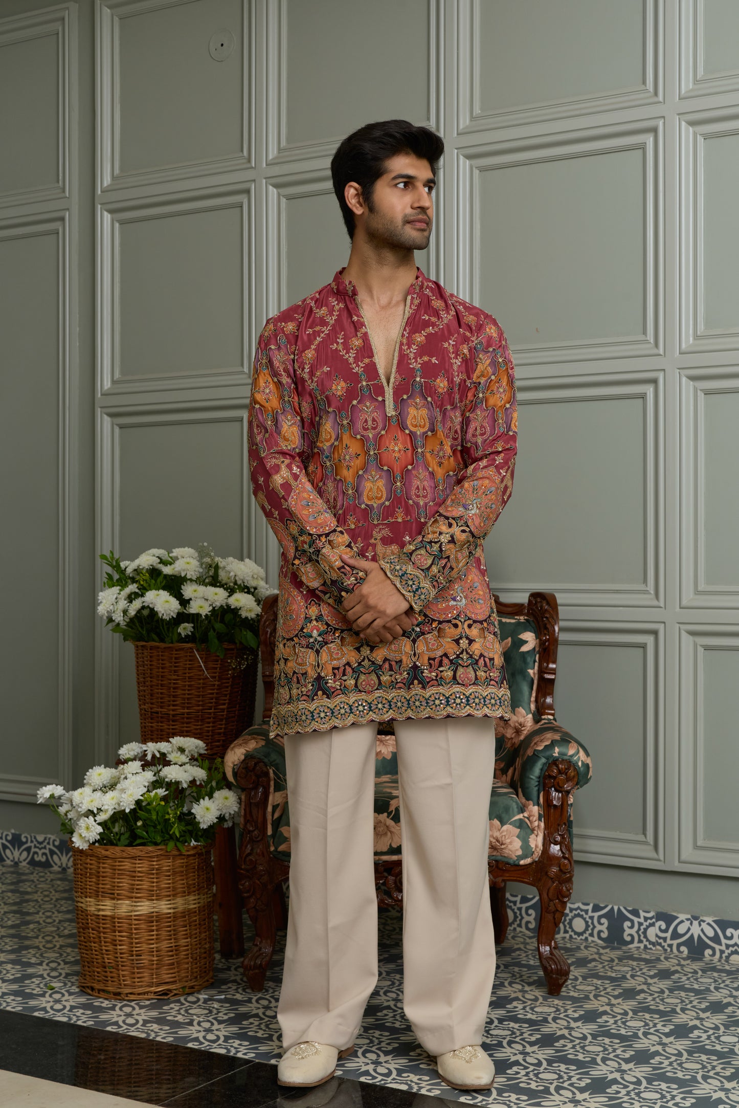 Pale Rose Natural Crepe Kurta-Bottom Set with Position Print & Cording