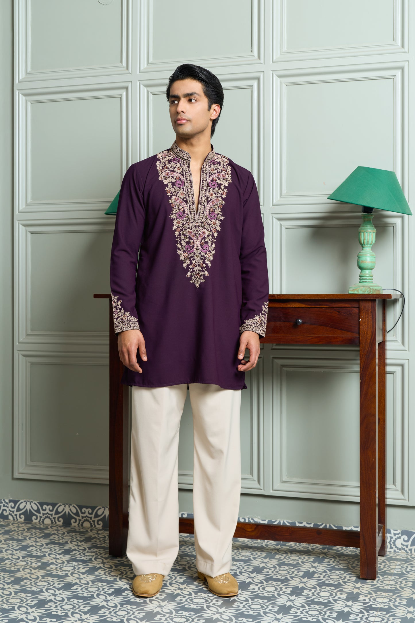 Purple Japanese Fabric Kurta–Bottom Set with Thread Work