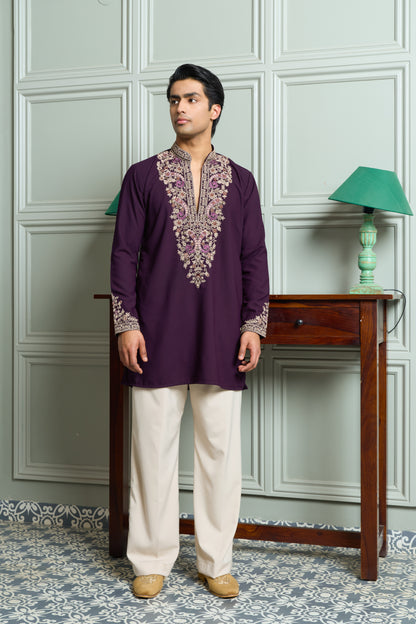 Purple Japanese Fabric Kurta–Bottom Set with Thread Work