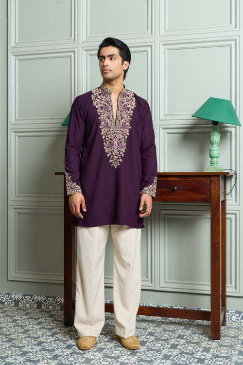 Purple Japanese Fabric Kurta–Bottom Set with Thread Work