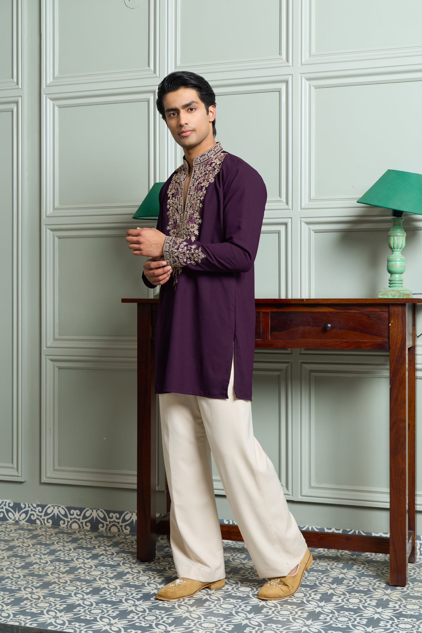 Purple Japanese Fabric Kurta–Bottom Set with Thread Work