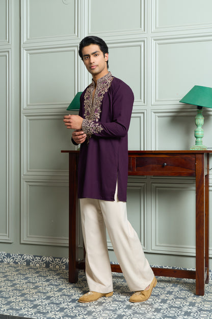 Purple Japanese Fabric Kurta–Bottom Set with Thread Work
