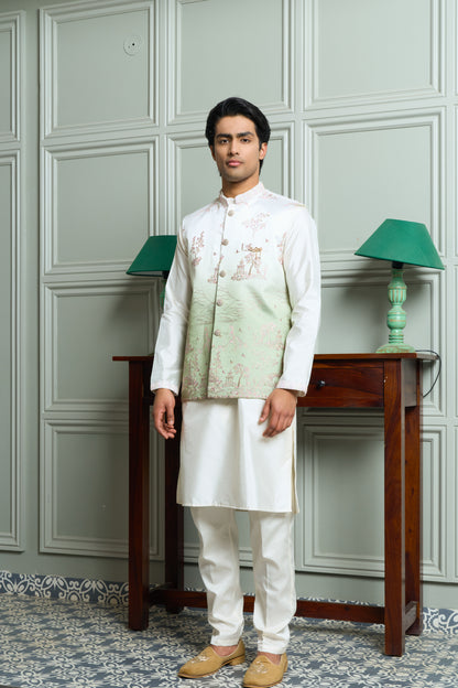 Green SS Silk Jacket-Kurta-Bottom Set with Ombre Effect, Zari & Thread Work Embroidery