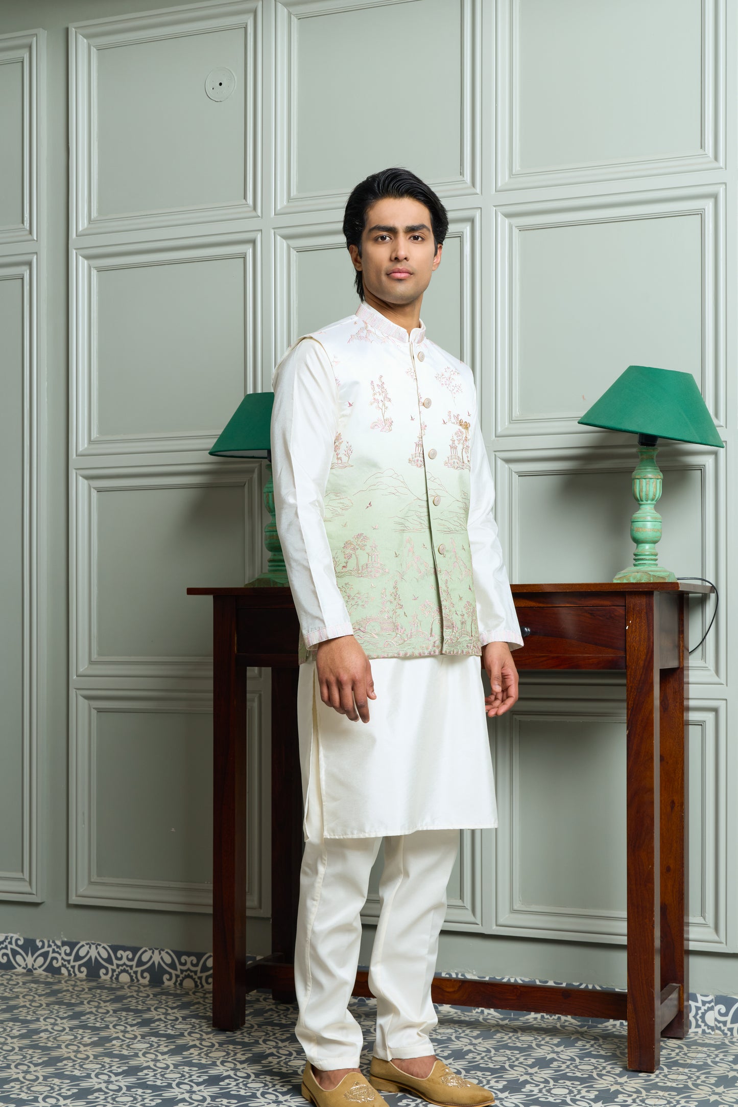 Green SS Silk Jacket-Kurta-Bottom Set with Ombre Effect, Zari & Thread Work Embroidery