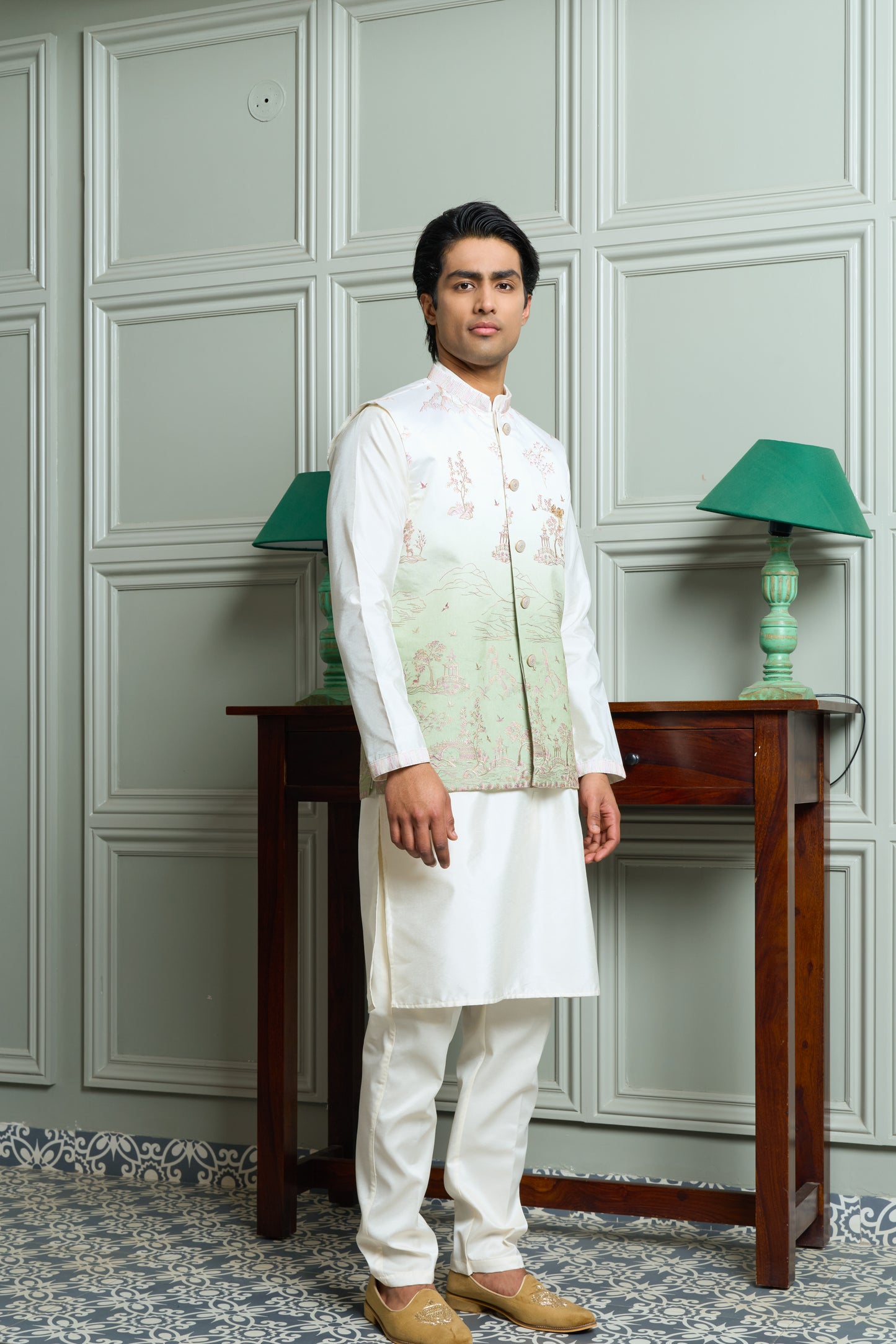 Green SS Silk Jacket-Kurta-Bottom Set with Ombre Effect, Zari & Thread Work Embroidery